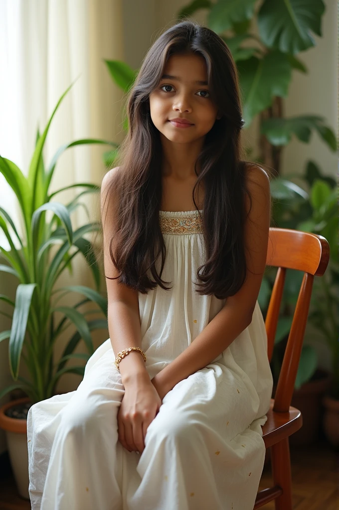 Create a natural  girl beautyful Indian girl she wearing a Indian white skirt her eyes are light blue colour and her hear is strait and she sitting in the chair 