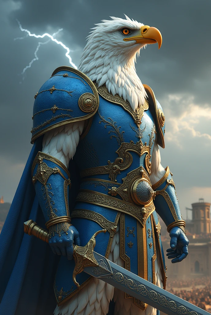 White eagle, with huge man bodyshape, without wings, wearing blue-golden armor, having huge sword 
