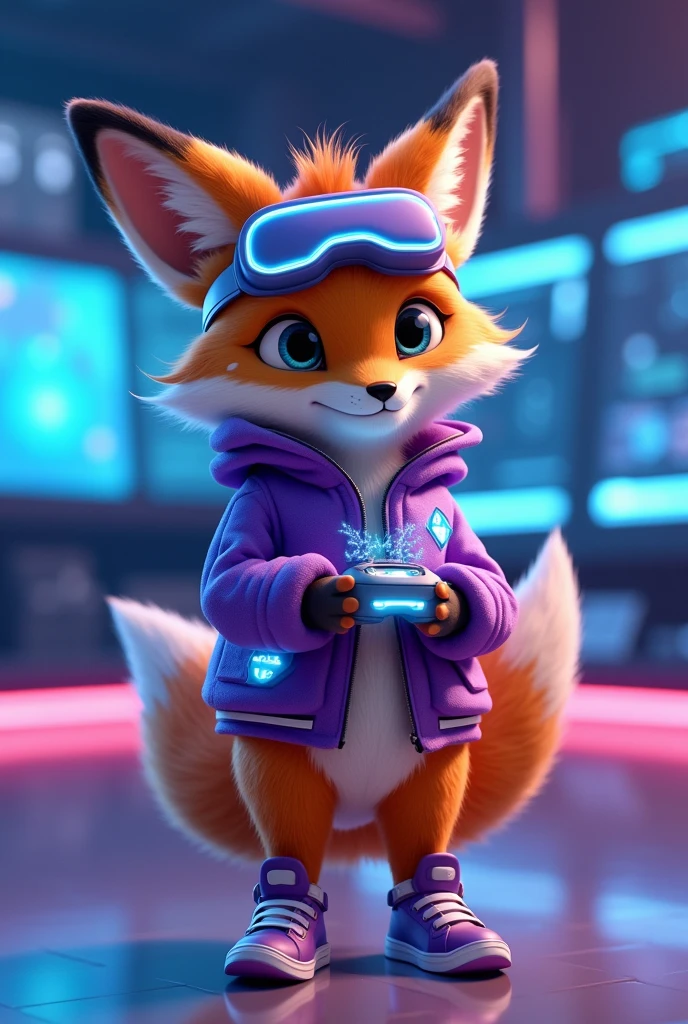 Create a Disney Pixar style 3D adult fox named Fluffy, with a look focused on the technology section. She should have vibrant orange fur with white spots on her belly and paws., with big, expressive eyes and cute ears. Cute must be dressed and equipped with modern technological accessories: vestimentas: A futuristic purple jacket with neon accents, perhaps with illuminated panels or digital graphics, for a modern and technological look. Accessories to be included: A pair of augmented reality glasses (midair) with a futuristic design and bright lenses. A high-end smartwatch with a holographic display and a silver metal strap. A stylish wireless headset, featuring a sleek and modern design. A small portable technology device, como um tablet ou um gadget de alto-tech, that she may be holding or using. A pair of sneakers with built-in LED, that light up or flash for a technological effect. Fofinha must have a posture that suggests interaction with technology, como ajustando os óculos midair ou mexendo em um gadget. The background should be a futuristic and technological environment, like a modern office with digital panels or a high-tech control room, capturing the essence of innovation and technology.
Showing the tennis