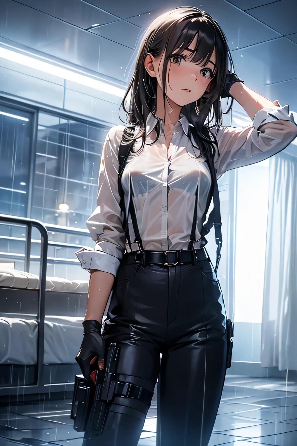 1 female, , high quality, masterpiece, Ultra-high resolution, , Cinema Lighting, , , And the suspenders with the cranes flying　　　Large Breasts　 　 　　　　Small face　 　　　holster　　　　　　　 Lying in bed　Looking up　　　　Sweat 　　　belt　summer　脇Sweat 　Black Hole Gloves　suit　shirt　　Black jacket　 Black trousers　Leg Links　ズボンにbelt　　holster　 　　Hands behind your back　 Anxious expression　Looking up　Anxious face, legs apart　Armament　　Cable ties　レッグholster　holster　See-through clothing　heavy rain　Getting wet in the rain
