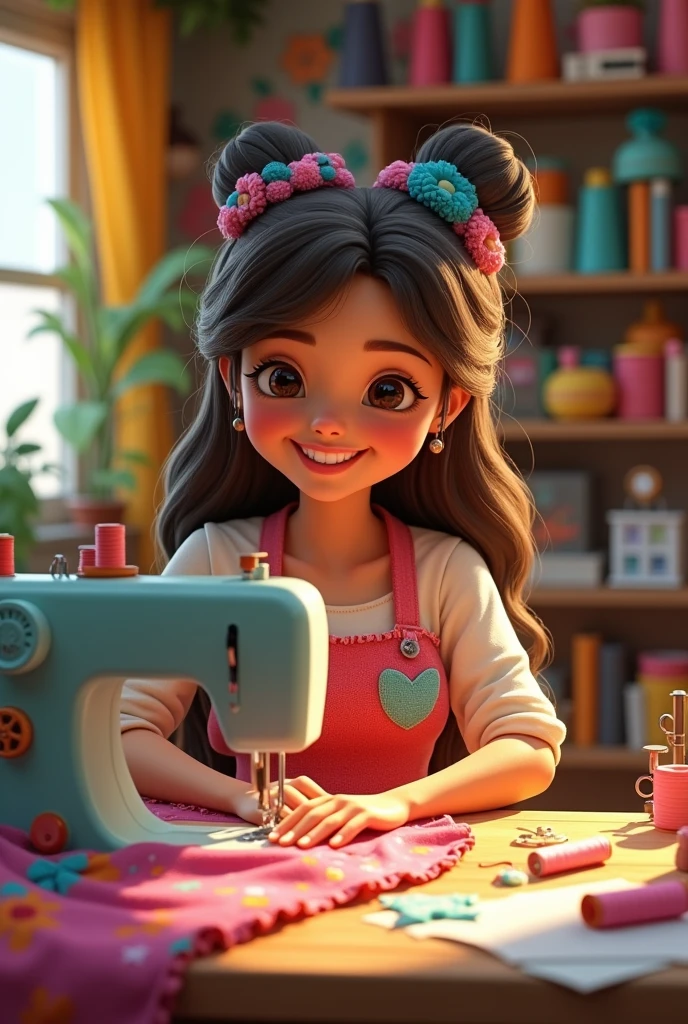 In cinematic 3d cartoon style " Ek ladiss Jiske थोड़े-थोड़े kapde fate hue hain vah silai machine se kapde sil Rahi Hai Kisi Aur Ke Ek Jodi bamane Mein Baithi Hui"