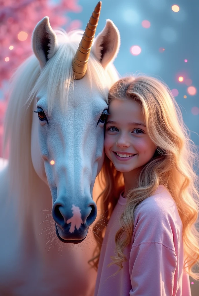 Portrait of a girl with a unicorn. Girl standing next to unicorn. The girl's face is full-face looking at us.  The girl has long blond wavy lush hair. The background is fabulous pink and blue tones. Flares. The mood is festive.