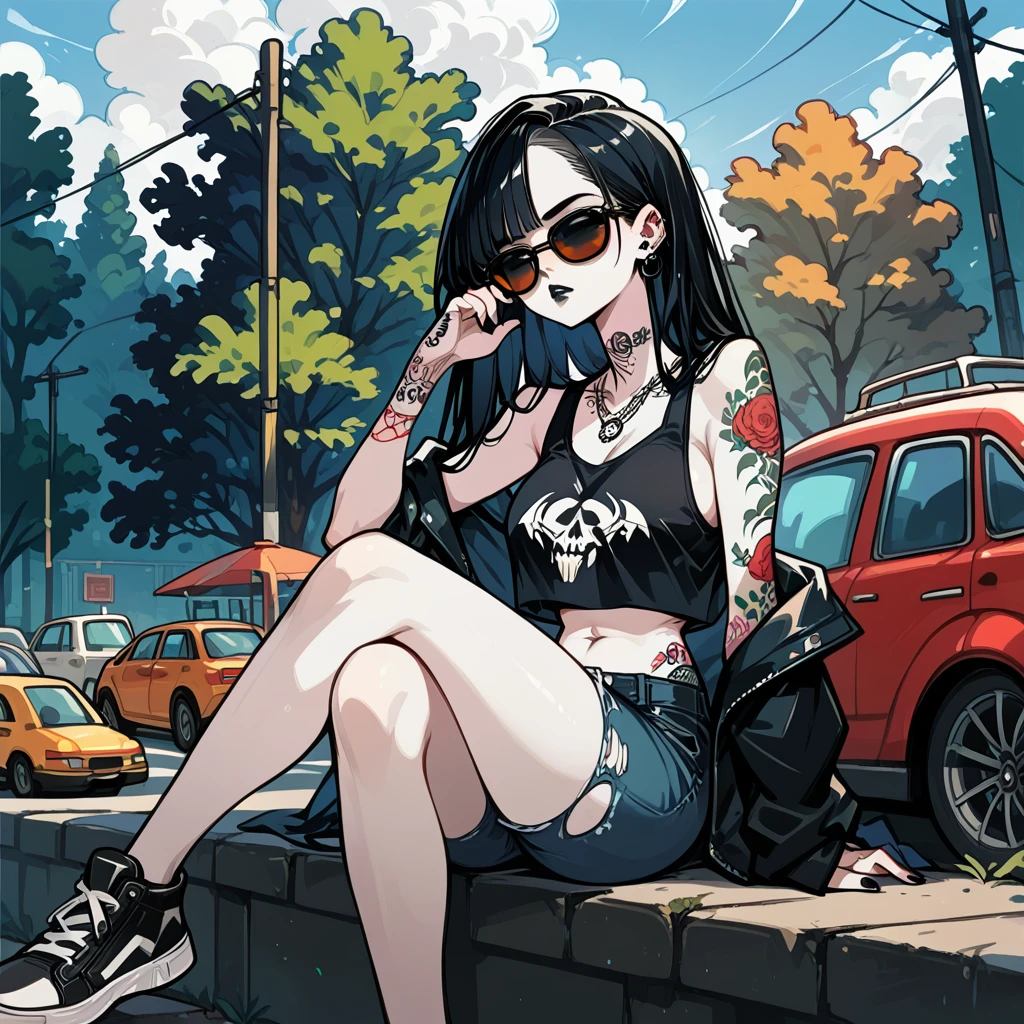fullbody, Female goth with pale skin, long straight black hair, dressed in black ripped jeans with a black cropped tanktop, sunglasses, black lipstick, tattooed, tattooed face, tattooed body. Sitting on the ground, outdoor park
