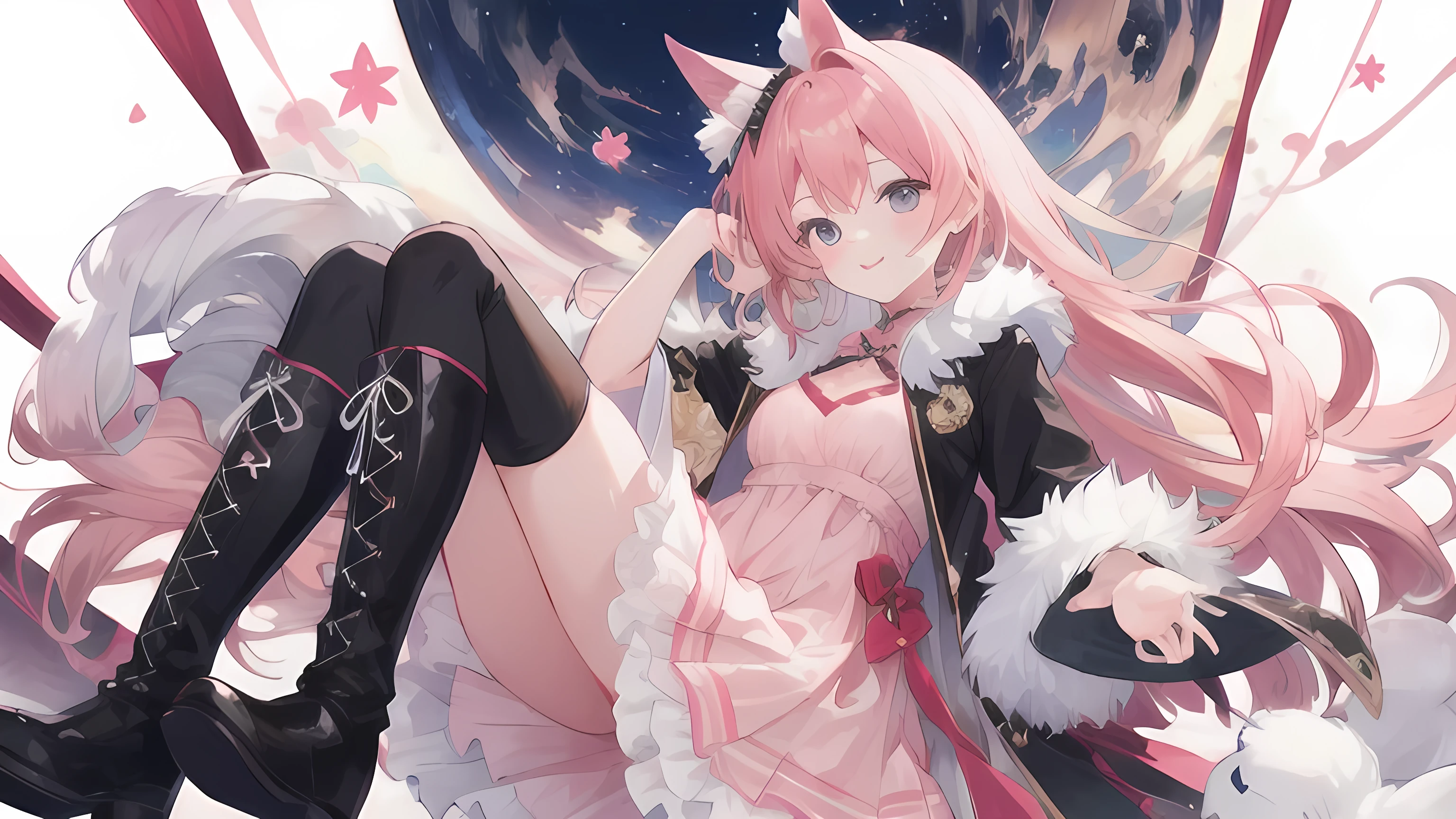 beautiful girl、Very lovely angel、Pink Tata Dress、Lovely、baby face、Smile、Long skirt、Black boots、