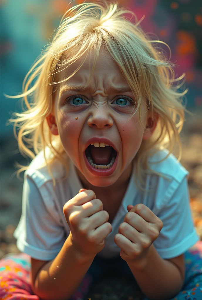 1 girl suck cock, white shirt, blond pupils, sitting on the ground, gritted teeth, fists, half: 1.2, anger: 1.2, tears, surrealism