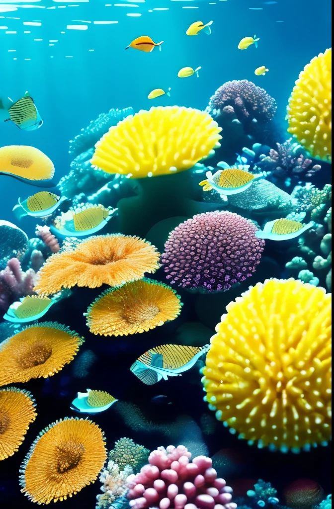 yellow sponges on a coral reef with a fish in the background, sea sponges, sponge, colorful coral, beautiful colorful corals, nice deep colours, corals, vivid colors!, nice colors, harmony of neon glowing coral, spongy, coral, vibrant corals, bolts of bright yellow fish, reefs, color”, great colors, vivid colors!!, underwater life