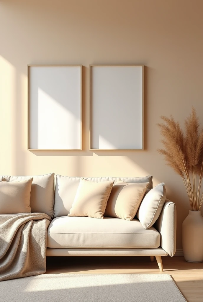 A modern living room captured from a left side angle, giving a three-dimensional perspective to the scene. The sofa is a light beige color, with subtle variations in the fabric texture that add depth and softness. The pillows on the sofa are in complementary neutral tones—beige, taupe, and cream—enhancing the cozy ambiance. A soft beige blanket is casually draped over the arm of the sofa, adding warmth to the setting. Above the sofa, three large rectangular frames are aligned horizontally on the wall. The images inside the frames are completely white and blank, contributing to the minimalist aesthetic. The glass of each frame catches and reflects natural light from the room, creating realistic highlights and subtle reflections on the glass surface. This light reflection adds a dynamic element to the frames, suggesting an interaction with the environment, such as a nearby window. The wall behind the sofa and frames is a soft, warm beige, providing a harmonious backdrop that complements the color scheme of the room. To the right of the sofa, a vase filled with dried pampas grass in muted, earthy tones introduces a natural element to the decor. The lighting in the room is soft and diffused, likely from natural daylight streaming in from an unseen window, which creates gentle shadows and a warm, inviting atmosphere. The overall color palette is neutral and calming, with the beige and white tones dominating the scene, enhanced by the subtle play of light on the various surfaces.
