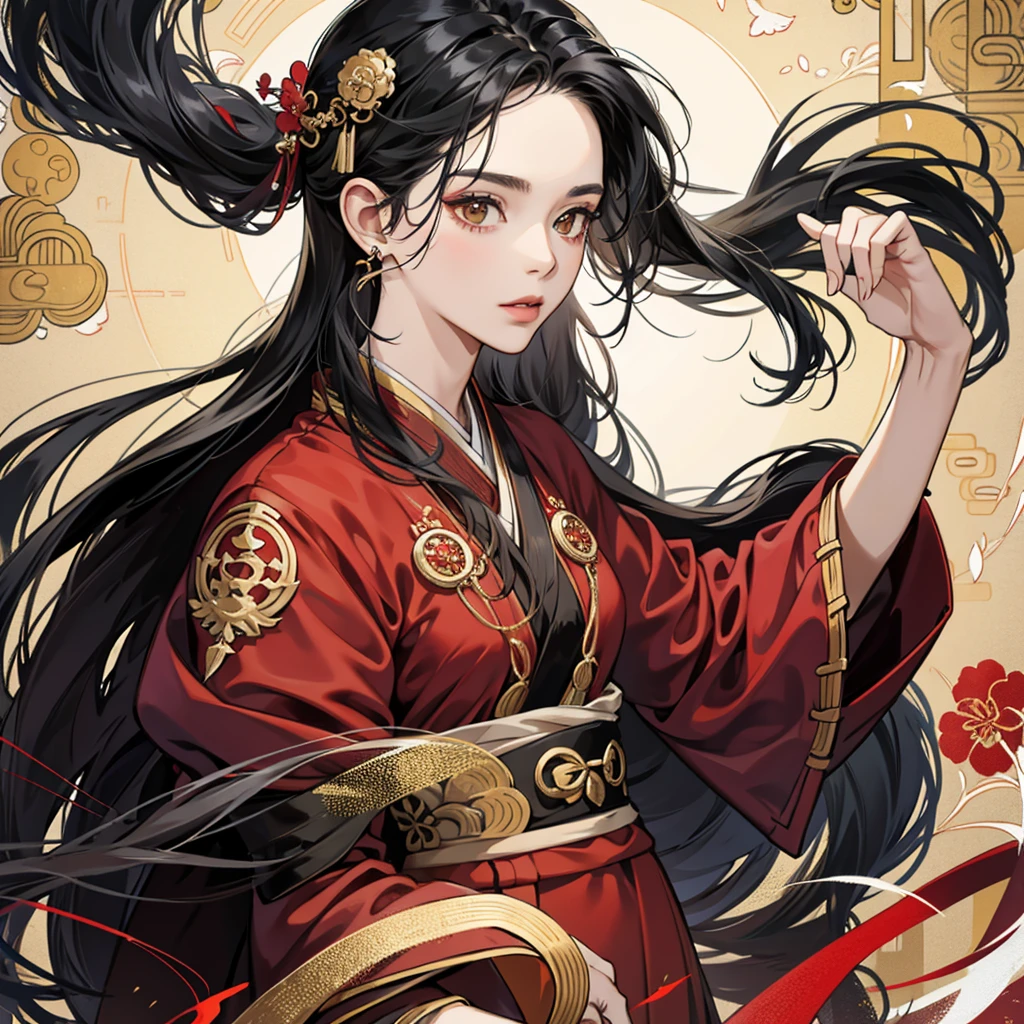High resolution, 1 Female, alone, Hip Up, Displaying the viewer, (Detailed face), Black Hair, Long Hair, Black, red and gold Hanfu robes,Larger clothes, jewelry, Portraits during the journey