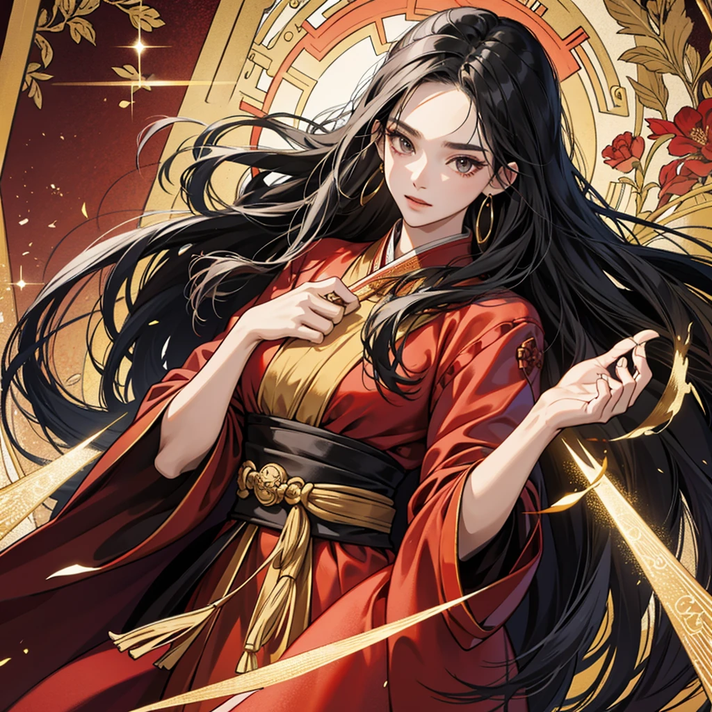 High resolution, 1 Female, alone, Hip Up, Displaying the viewer, (Detailed face), Black Hair, Long Hair, Black, red and gold Hanfu ,Larger clothes, jewelry, Portraits during the journey