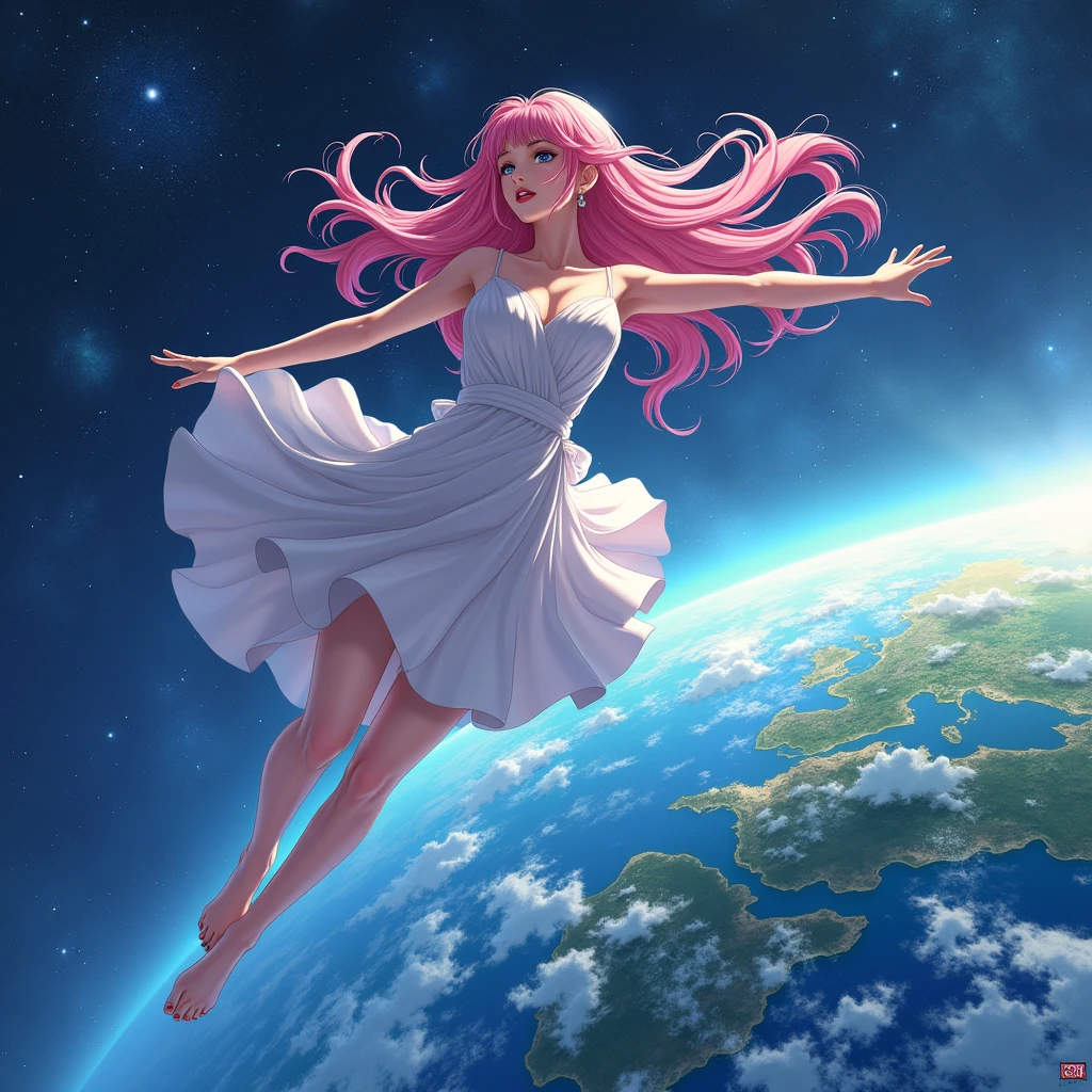 I'd like an anime-style illustration of a pink-haired woman wearing a dress, floating in space, from behind, after splitting the round Earth in half with a straight punch.。