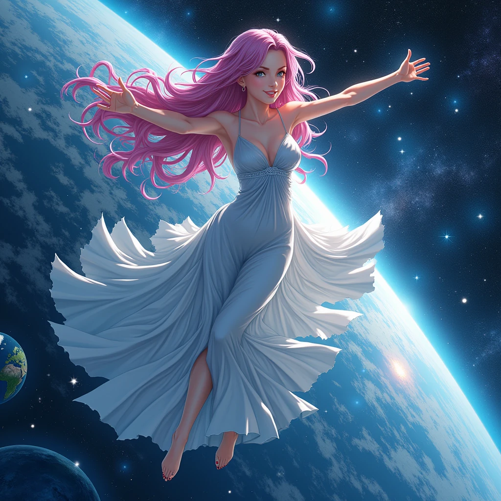 I&#39;d like an anime-style illustration of a pink-haired woman wearing a dress, floating in space, from behind, after splitting the round Earth in half with a straight punch.。