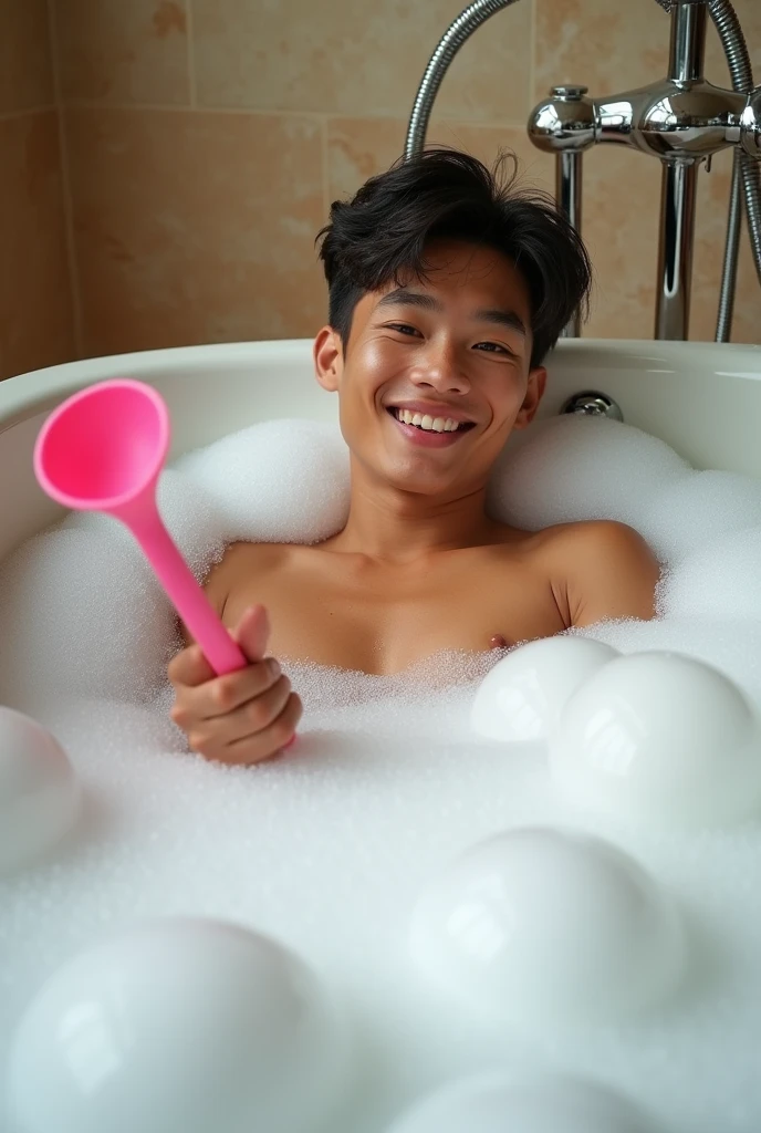 real photo. A young Indonesian man holding a pink bathing ladle is lying in a luxury hotel bathroom bed filled with soapy water full of foam. Ultra-realistic 8K photograph, shot with a Leica Q2, strong color contrast and sharp clarity --ar 9:16 --quality 2 --