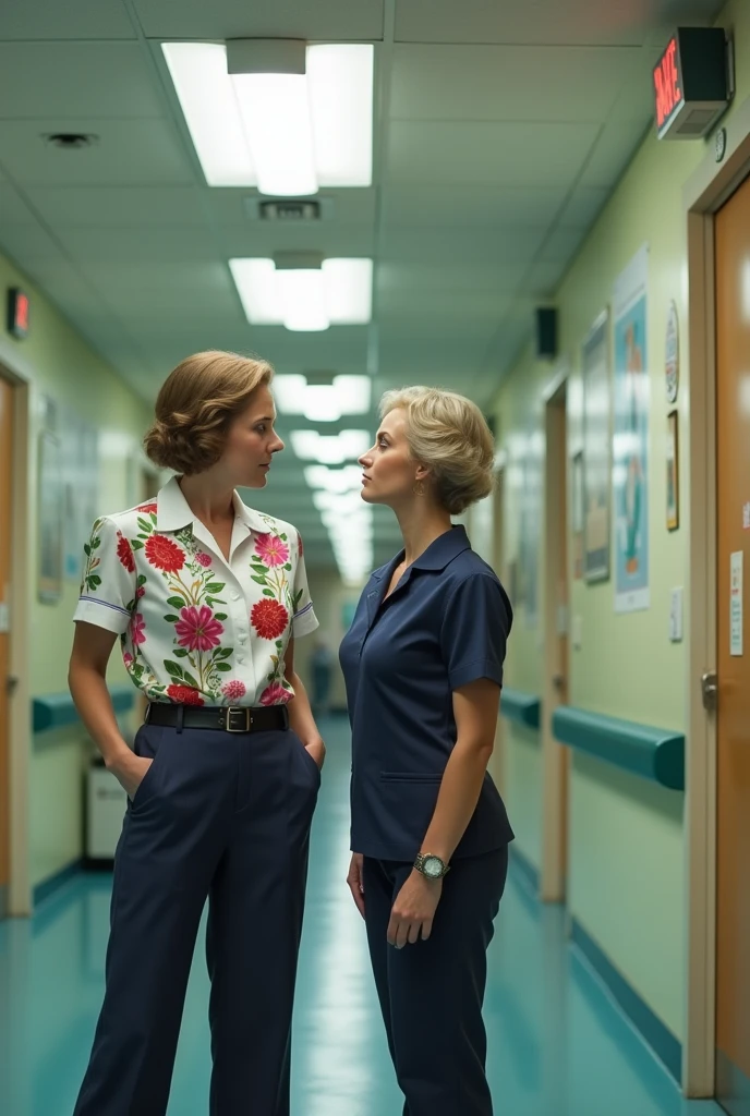 Nurse in 1970s uniform and patient in navy blue clinical uniform from front