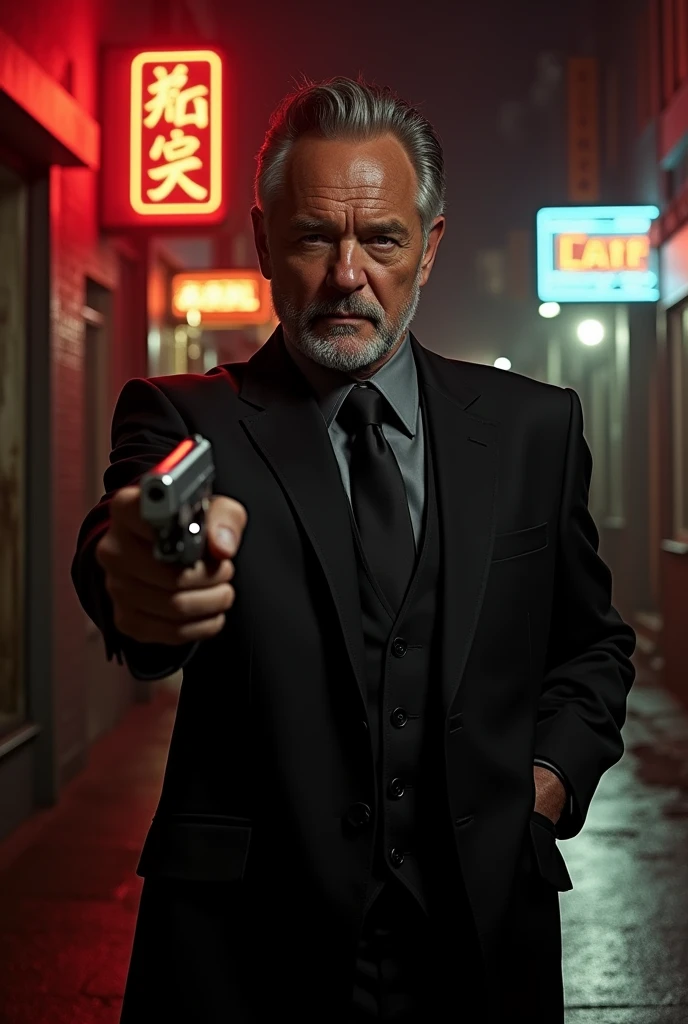 Actor Kurt Russel in a black suit and black tie, holding a 🔫