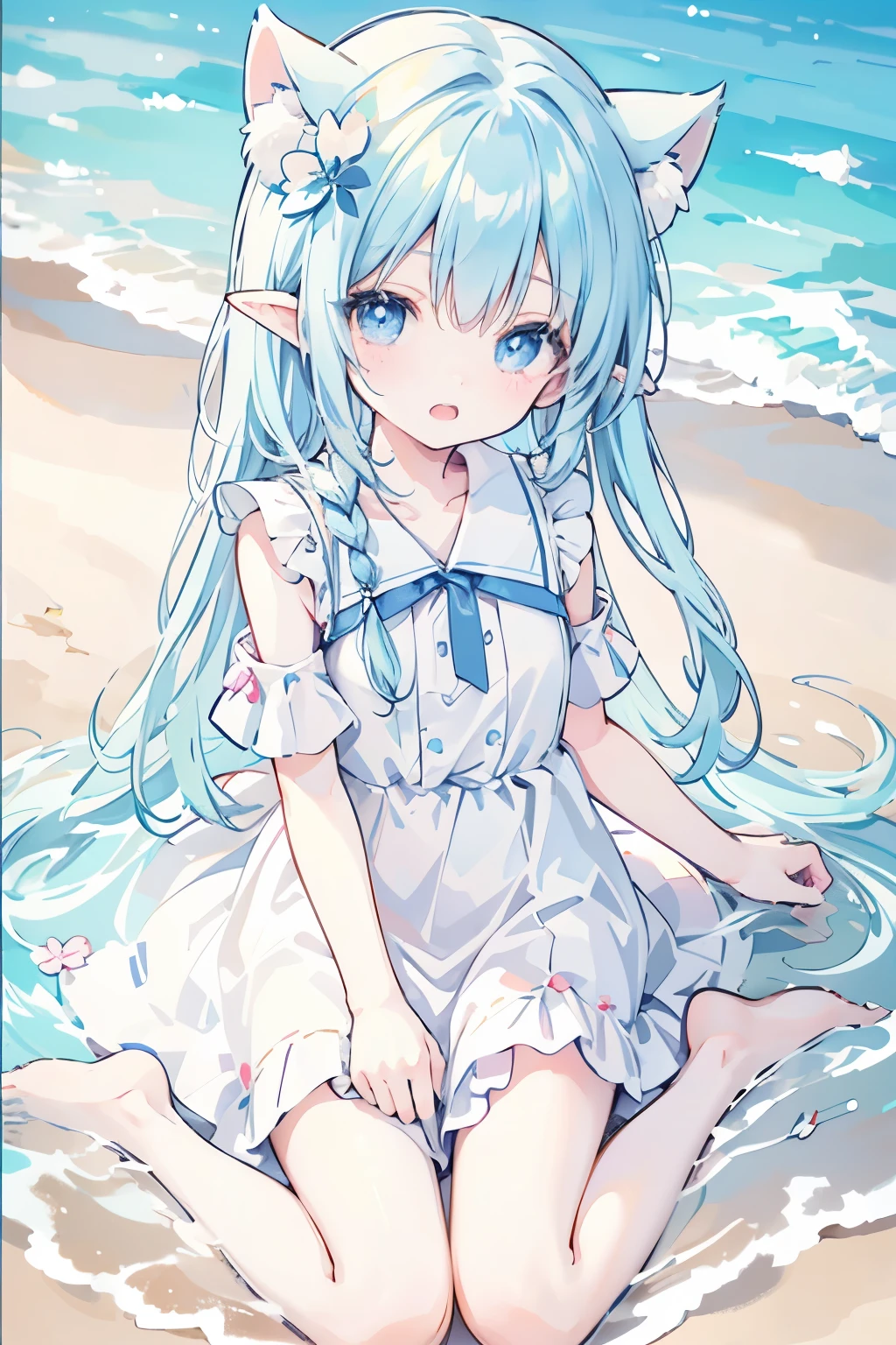 anime、pastel、Very 、childars old、t、Open your mouth、Laugh out loud、Showing teeth、Double teeth、pastelホワイトの髪、Stray hair、Braided Short、Flower Hair Ornaments、fluffy ears、Dropped ears、Fluffy tail、azure blue eyes、Odd Eye、Cute eyes、Wide open eyes、Light in your eyes、Cheeky cheeks、Slender body、Light clothing、White dress、Put your arm out、Thighs、Outdoor、Cute Girlfriend、happy、Frolic innocently、Straw hat、barefoot、Beach with a view of the town