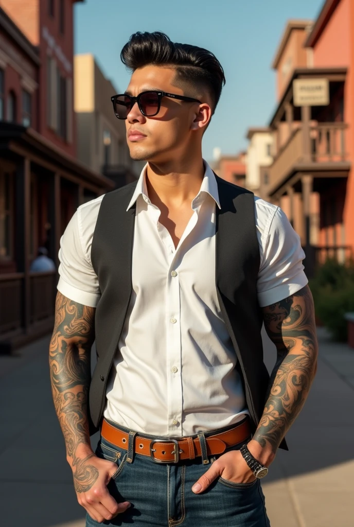 North American man, western, 19 years old, strong bodie, wears a white dress shirt, jaket, has black hair in a modern, medium cut, slickedback hair, wears glasses and has tattoos on his arm