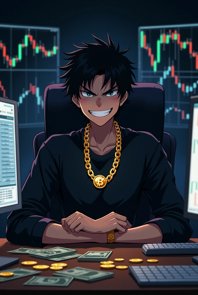 A 20 years anime boy with angry smile sitting on a Comfortable chair comfortably with bitcoin chain gold chain and looks in front with, well furnished dark room, computer left,behind, and right side with the view of trading chart and many doller and coins on the table.