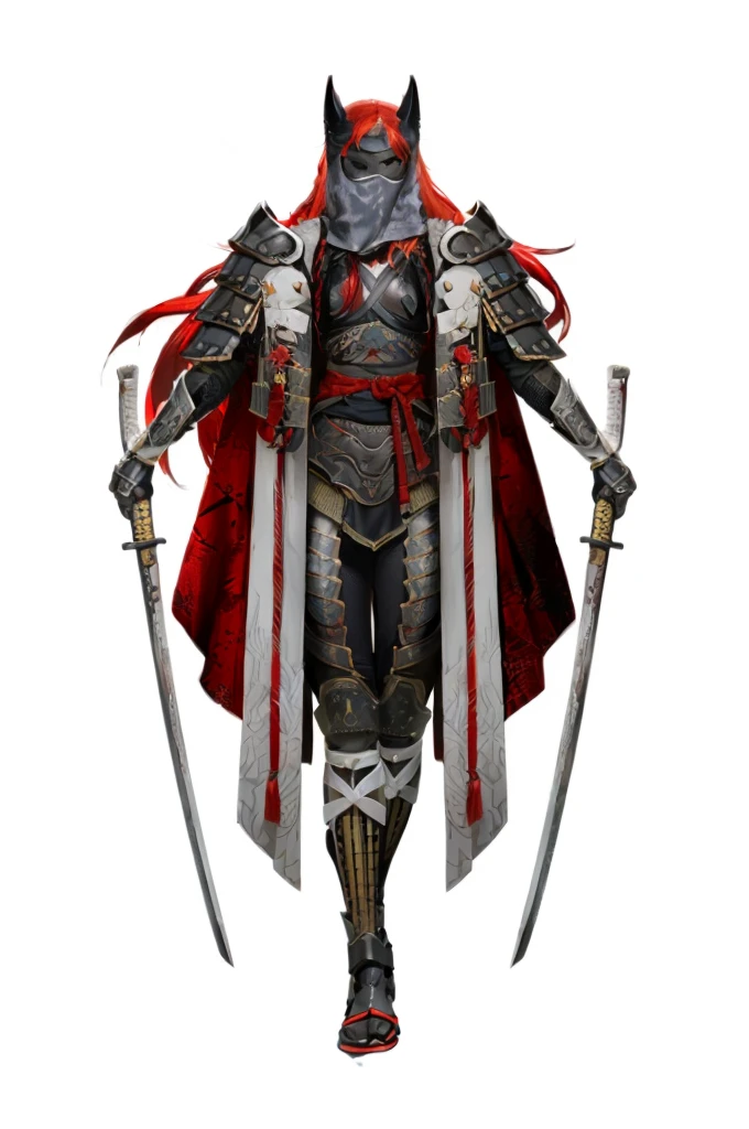 ((((1 female)))), ((long red hair)), ((sharp picture)), (((((samurai))))), one picture only, standing pose, high detail picture, 4k, high resolution picture, detail picture, ((2,5d picture)), (((((((full body character))))))), ((batwoman)), ((samurai style shoulder armor)), ((samurai style hip armor)), ((front view)), (((wearing black samurai armor))), ((her face covered with fabric))