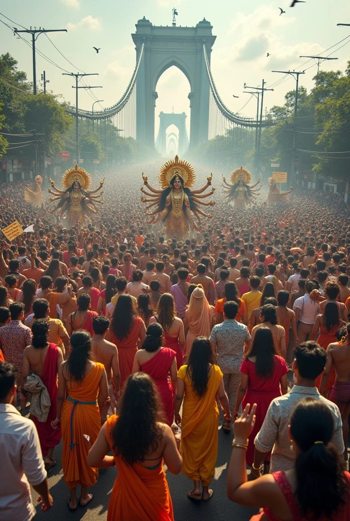 Create a powerful and expansive image of a massive protest on the streets of Kolkata, led by thousands of Hindu gods and goddesses. In the forefront, major deities like Durga, Kali, Laxmi, Shiva, Vishnu, and Brahma are depicted with fierce, determined expressions, leading the charge. Surrounding them are thousands of other gods and goddesses, all unified in their demand for justice. The crowd of divine beings stretches far into the distance, filling the streets. Many of the gods and goddesses, along with human protesters, hold placards and posters that read 'We Want Justice' and 'Justice for RGKar.The iconic Howrah Bridge and other Kolkata landmarks are visible in the background, setting the scene. The atmosphere is intense and filled with a sense of urgent determination to seek justice for the heinous rape crime at RGKar hospital.