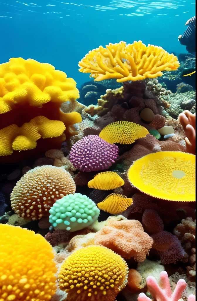 yellow sponges on a coral reef with a fish in the background, a stipple by Hans Werner Schmidt, flickr, fine art, sea sponges, sponge, colorful coral, beautiful colorful corals, corals, nice deep colours, vivid colors!, nice colors, harmony of neon glowing coral, spongy, coral, vibrant corals, reefs