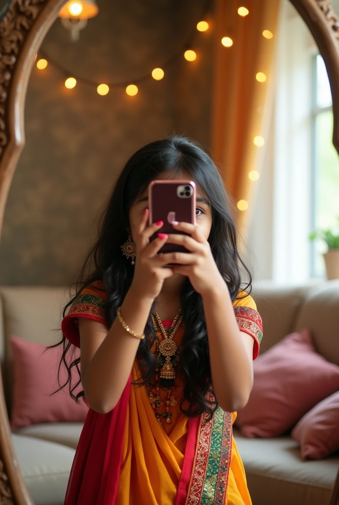 Indian teen girl with mirror selfie faceless ultra realistic hdr image. Face covered with selfie phone 