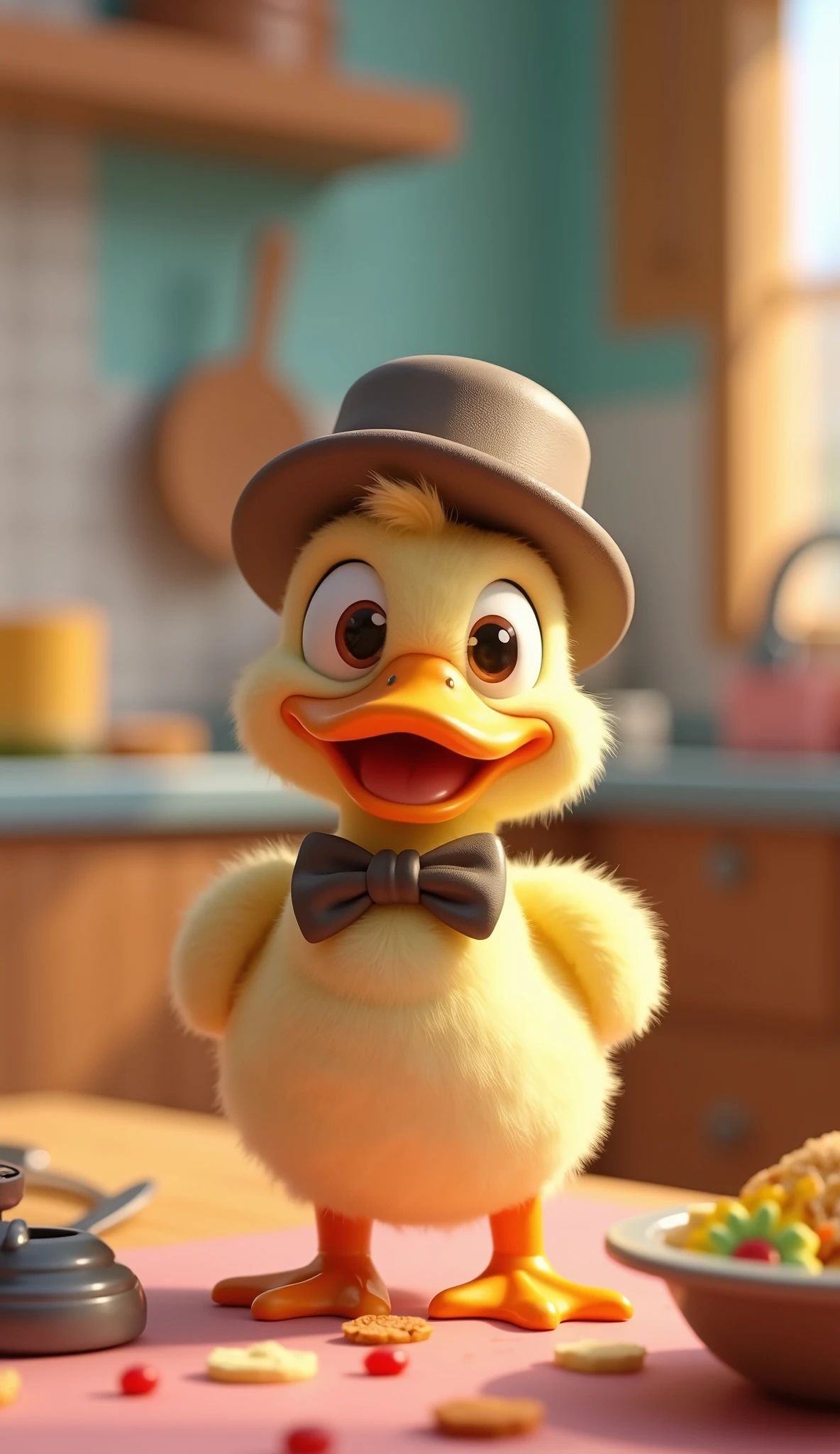 a close up of a cartoon duck wearing a bowtie and a hat, 3 d animation demo reel, 3d animation, 3 d animation, 3 d animated movie, 3d animated, 3 d animated, tv commercial, clay animation, cgi animation, cute! c4d, cute 3 d render, pixar 3 d animation style, food commercial 4 k, 3 d cartoon