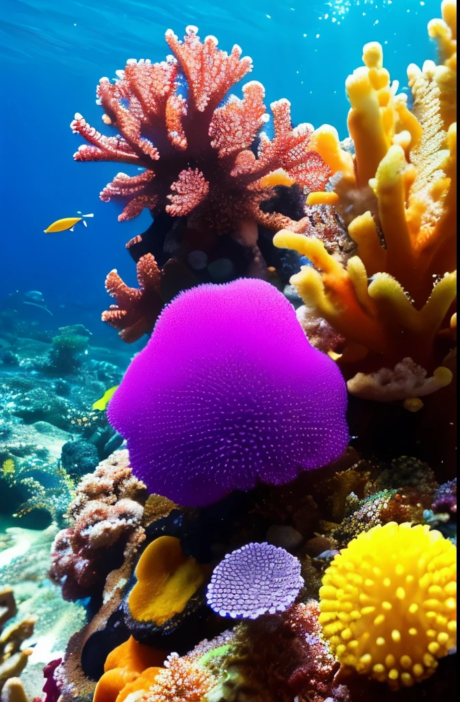 yellow sponges on a coral reef with a fish in the background, a stipple by Hans Werner Schmidt, flickr, fine art, sea sponges, sponge, colorful coral, beautiful colorful corals, corals, nice deep colours, vivid colors!, nice colors, harmony of neon glowing coral, spongy, coral, vibrant corals, reefs