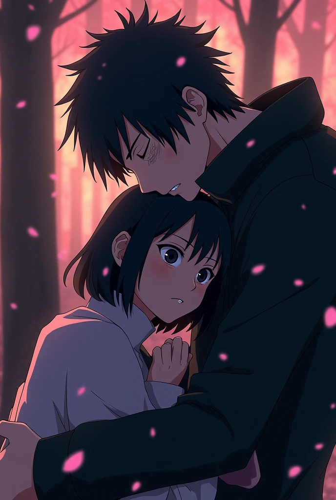 Rin in the hands of obito , and obito is very sad 