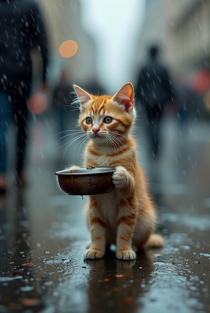 The city streets are bathed in heavy rain, with raindrops still visible on the camera lens. A small, drenched kitten, its belly visibly empty, stands on two feet in an anthropomorphic stance, holding a tattered bowl and imploring passersby for alms. The kitten does not need to face the camera and is captured facing pedestrians from the side. The background is intentionally blurred and indistinct to accentuate the kitten's presence.