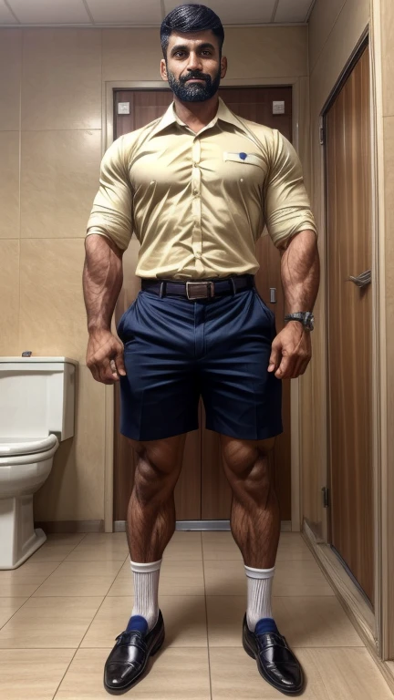 Handsome indian 38 years old GURJAR school physical teacher weared formal shoes with socks, head to thighs standing in school toilet with spread legs,  hd, realistic, photo by Nikon camera 