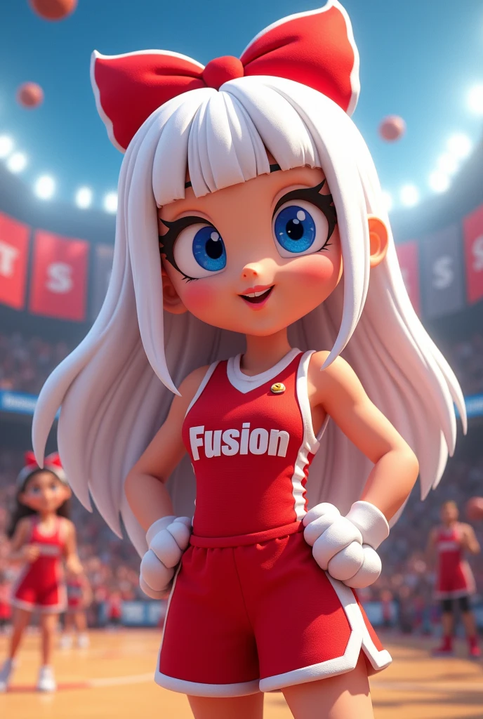 A white female basketball cheerleading mascot named Fusion, with red and white clothes and long straight hair, with the name fusion printed on the clothes, red bow in hair and blue eyes, fully body, sending a lively kiss, 3d digital art