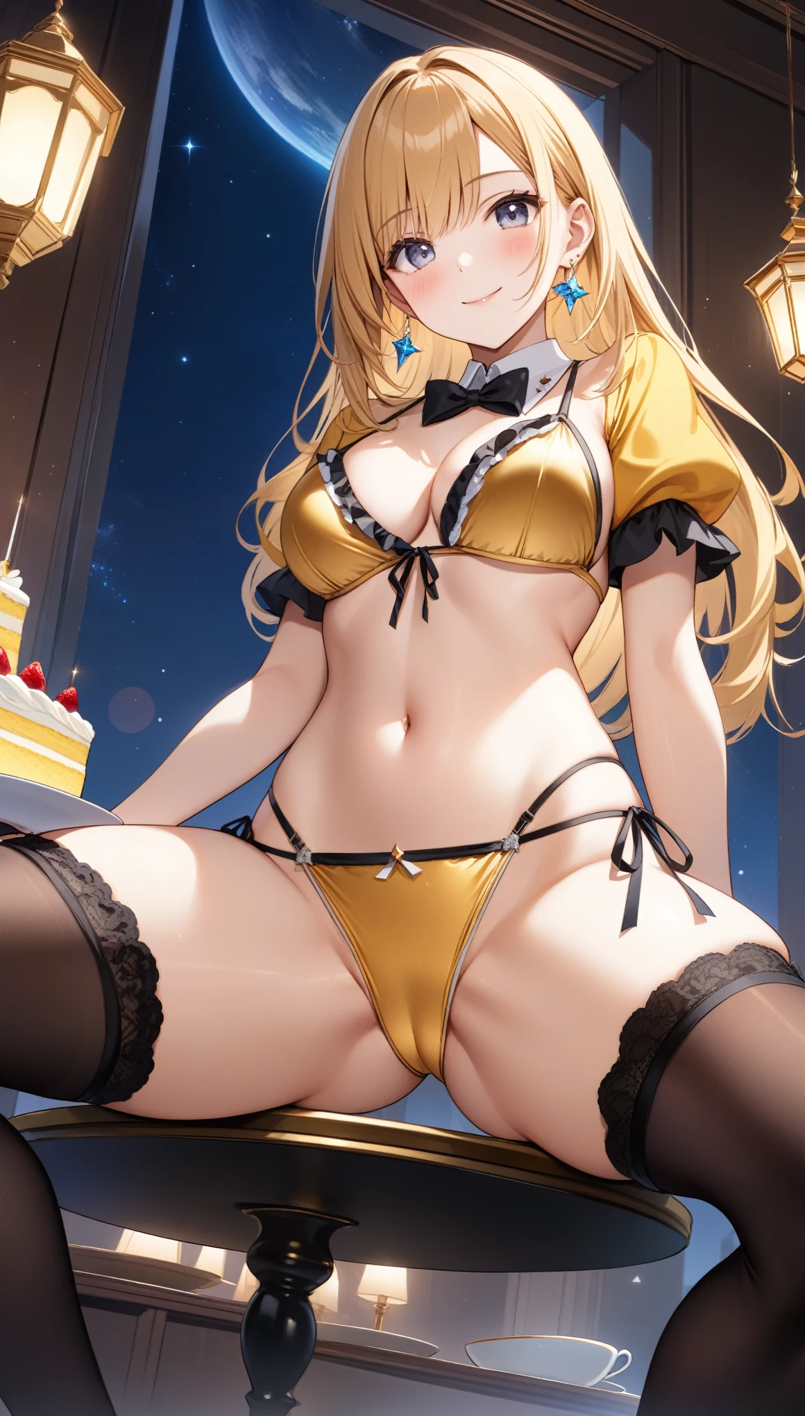 nsfw, ((32k)), ((best quality)), ((ultra high res)), ((HDR)), ((UHD)), ((extremely detailed CG)), ((unity 32k wallpaper)), (1girl), (ideal ratio body proportions), very long hair, (breasts), looking at viewer, blush, smile, bangs, thighhighs, bow, holding, cleavage, jewelry, (((golden bikini))), ((medium breasts)), closed mouth, ((squat)), swimsuit, (golden hair), short sleeves, bikini, ((cowboy shot)), earrings, frills, food, black thighhighs, indoors, bowtie, cup, puffy short sleeves, wrist cuffs, grey eyes, thigh strap, detached collar, side-tie bikini bottom, thigh gap, table, single thighhigh, plate, tray, teacup, cake, bridal garter, holding tray, cake slice, (night), ((((from below)))), ((((from front)))), ((open your legs wide)),