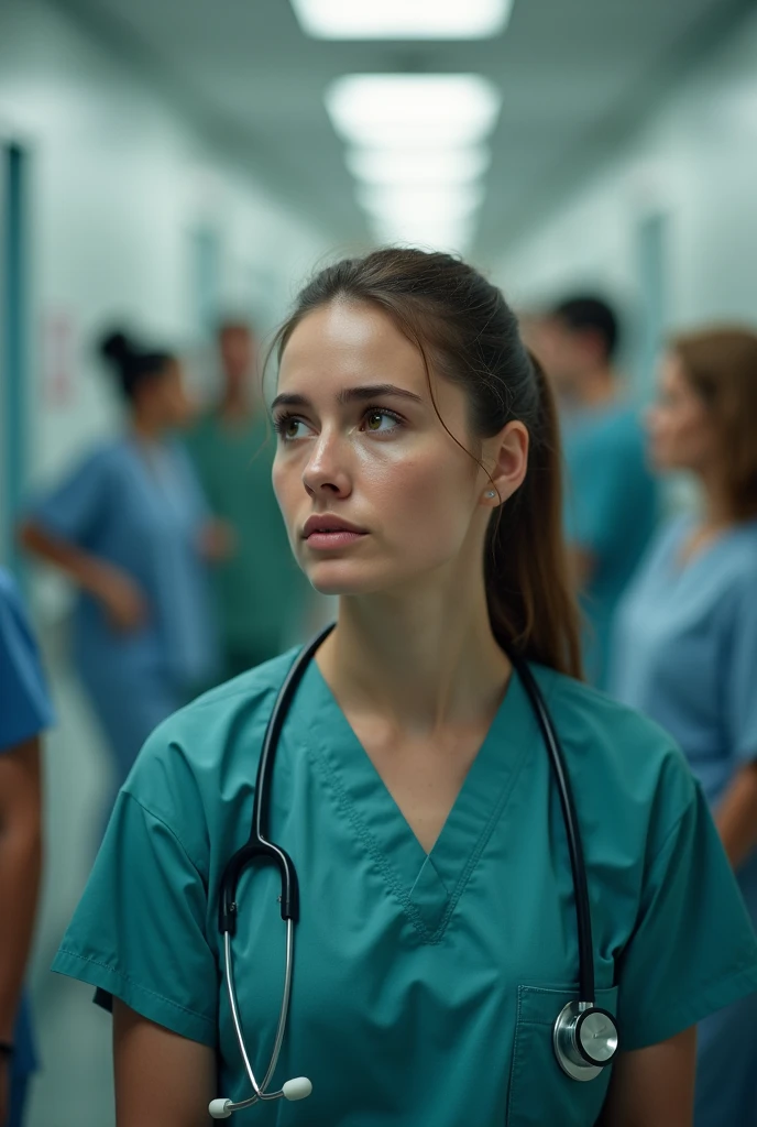 Crying female doctor in Hospital Near more people 