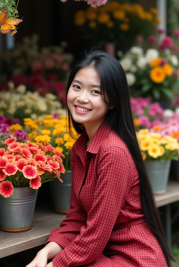 a 20 year old woman with long black hair tied back was sitting in front of a table full of various kinds of fresh flowers, some of the flowers were cut in half and put in a flower bucket, the texture of the flowers looked authentic, several butterflies were flying on the flowers, wearing red checkered black long shirt, indonesia, 4k photography, connection, generating joy, flower market, art competition winner, excellent photo quality, indonesian traditional market, 1024×1024