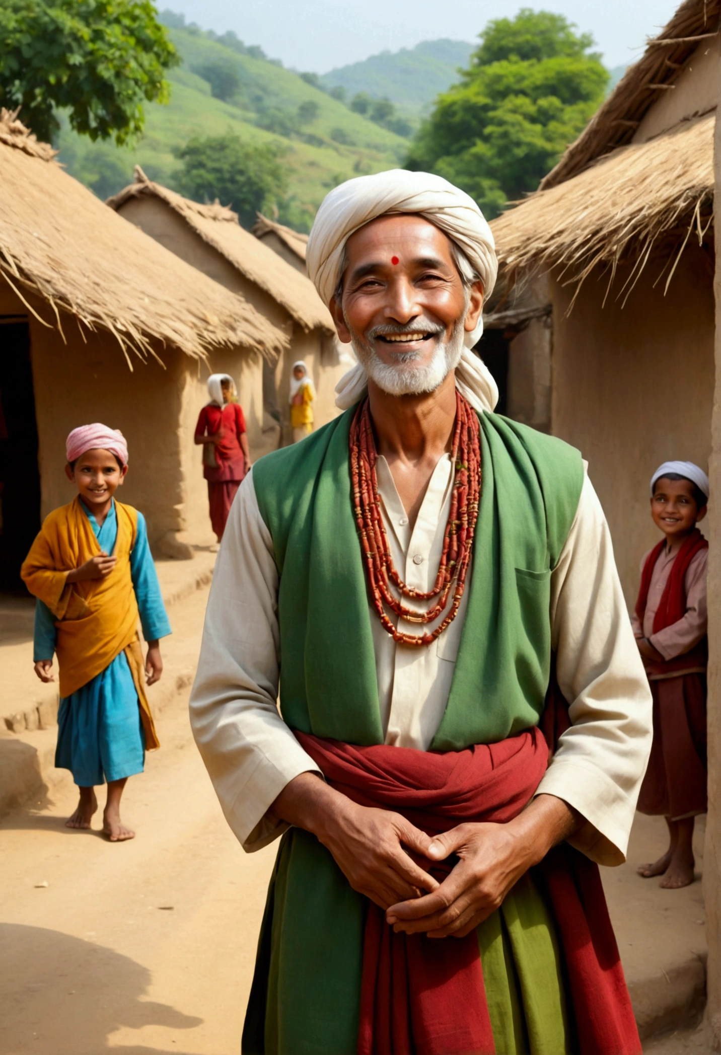 "Illustrate a heartwarming village scene where Haran is shown in a moment of genuine connection and contentment. Haran, now dressed in simpler clothes but with a soft and peaceful expression, is engaged in a friendly interaction with villagers. The background should feature a lively, cheerful village setting, with people sharing simple joys and moments of togetherness. Haran’s face should reflect the inner peace and warmth he has found through practicing gratitude, despite his lack of material wealth. The scene should convey a sense of fulfillment and community, emphasizing that true riches are found in the relationships we nurture and the simple joys we appreciate in life. The village should appear harmonious and vibrant, symbolizing the collective realization that a grateful heart brings the greatest wealth."