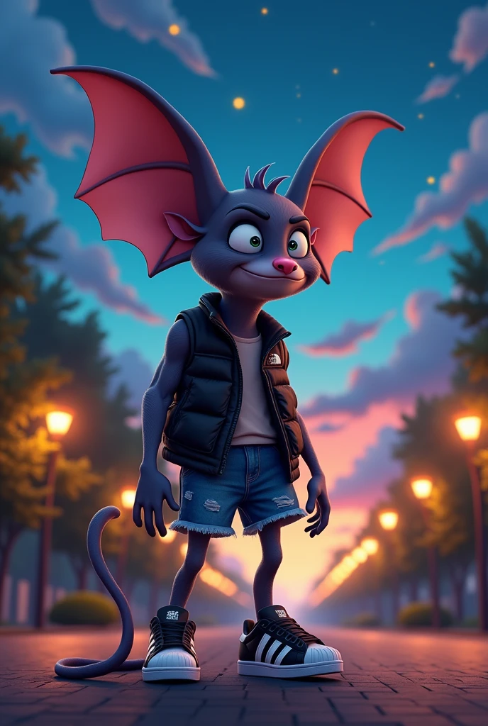 Bat with a pair of jean shorts, a black North Face vest and black Adidas superstars