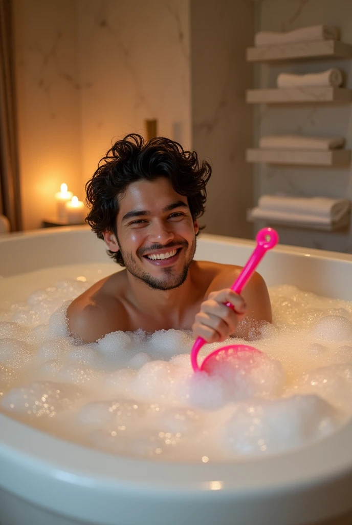 real photo. A young Indonesian man holding a pink bathing ladle is lying in a luxury hotel bathroom bed filled with soapy water full of foam. Ultra-realistic 8K photograph, shot with a Leica Q2, strong color contrast and sharp clarity --ar 9:16 --quality 2 --