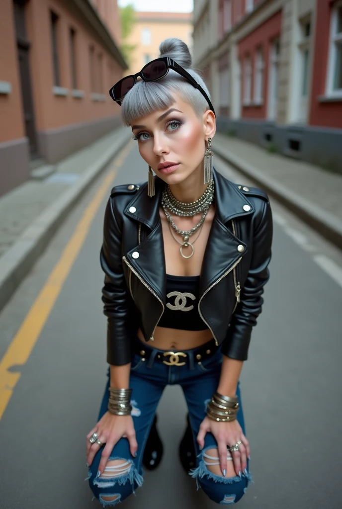 russian old milf woman, grey hair (top bun, shaved sides and fringe) and sunglasses as headband (big maxi sunglasses), with very light blue eyes, extremely pale. Wearing cropped black moto jacket with lots of zippers, cropped t-shirt with motorcycle club logo, dark blue jeans with holes and pointy Chelsea boots with cuban heels . Silicone breasts. Lots of metallic bracelets, long pendants and lots of collars. Tacky leather belt with oversized chanel buckle. Long earrings. Kneeling, looking at the camera, tilted head, eyes and mouth wide open in amazement. Hands on her knees, toned abdominals, thin legs and thin arms. Tattoed