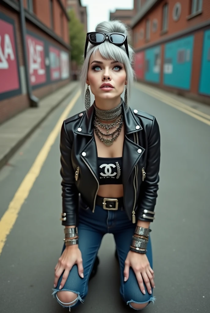 russian old milf woman, grey hair (top bun, shaved sides and fringe) and sunglasses as headband (big maxi sunglasses), with very light blue eyes, extremely pale. Wearing cropped black moto jacket with lots of zippers, cropped t-shirt with motorcycle club logo, dark blue jeans with holes and pointy Chelsea boots with cuban heels . Silicone breasts. Lots of metallic bracelets, long pendants and lots of collars. Tacky leather belt with oversized chanel buckle. Long earrings. Kneeling, looking at the camera, tilted head, eyes and mouth wide open in amazement. Hands on her knees, toned abdominals, thin legs and thin arms. Tattoed