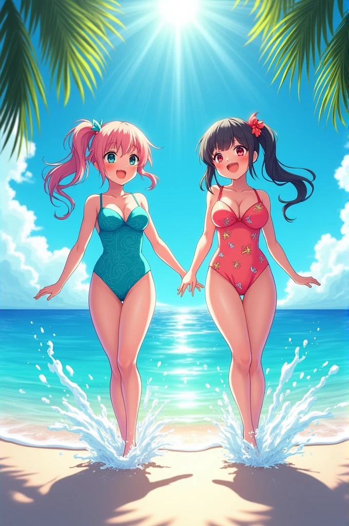 Two people in anime swimsuits