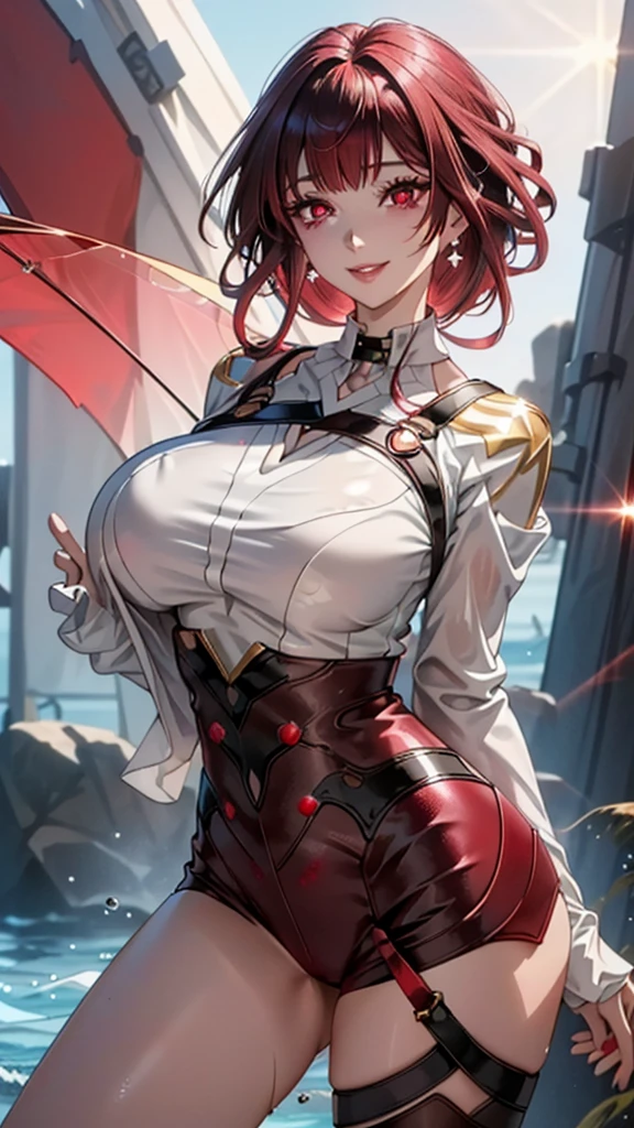 Masterpiece, Ultra HD, Ultra HD 8K, (((One woman))), Mysterious and fantastic image, Fantasy, Anime, (((Special costume))), Perfect voluminous body, (((Red brown short hair, Long bangs)))), (((((Shining Red Eyes))))), (((highlight on eyes))) (((Very long eyelashes))), (((Very nice smile))), Ultra realistic sharp focus, (((Beautiful body style, very big breasts, beautiful legs, wet and shiny skin, beautiful standing pose, earrings))), Seaside town background
