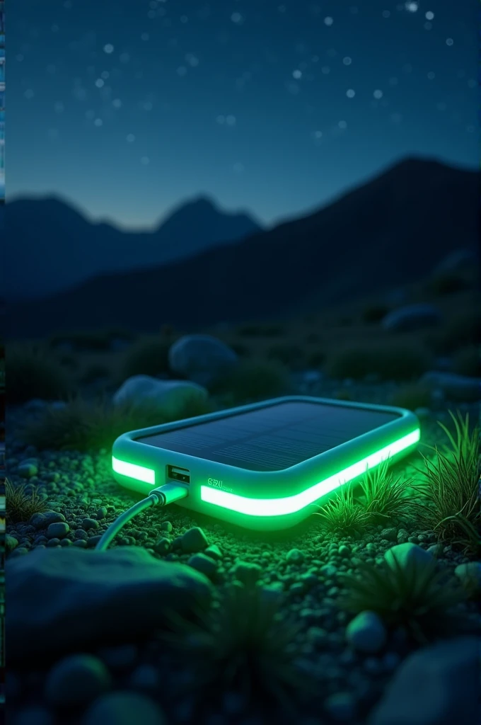 A portable solar charger with green fluorescent border  and it contain two USB ports they are USB A type, USB C type. The background should be a night time.