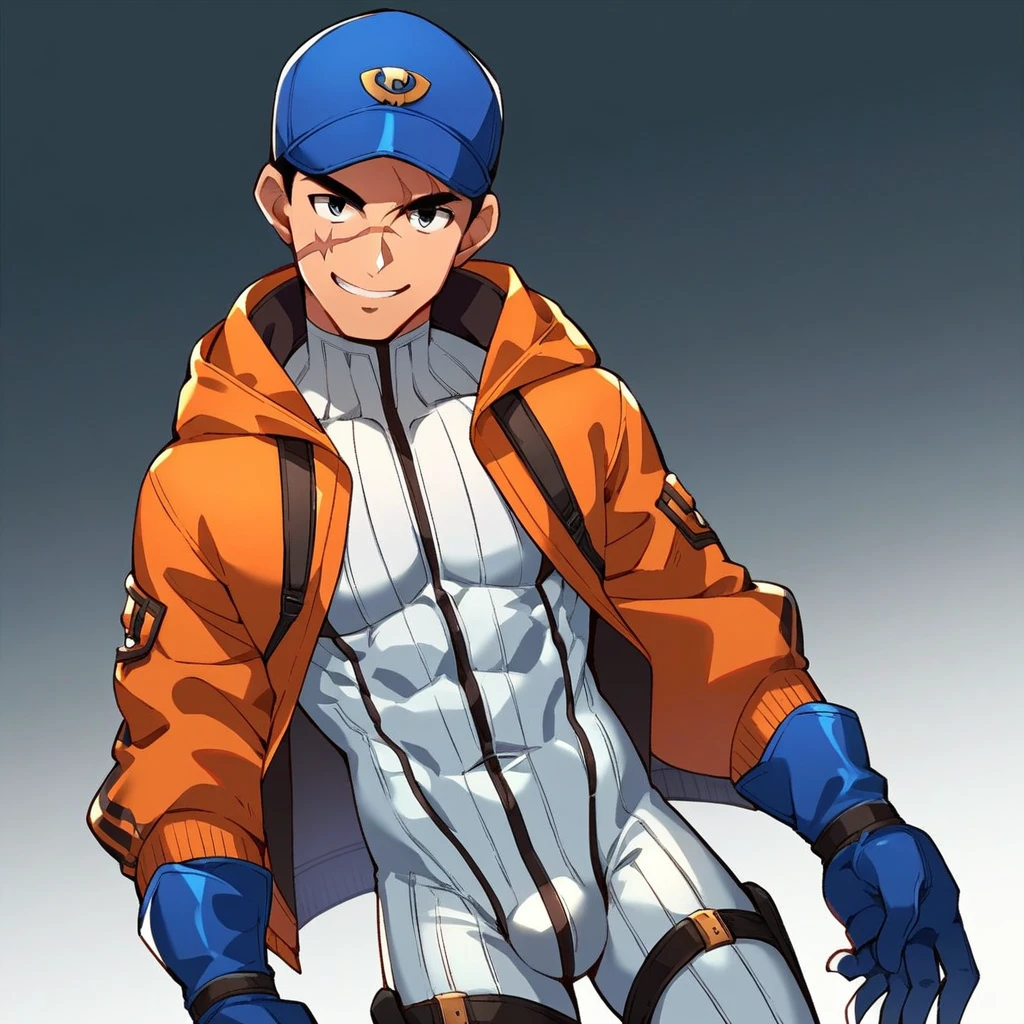 score_9, score_8_up, score_7_up, rating_explicit, source_anime, guy, navel, hooded bodysuit, bodysuit, white bodysuit, hood, scar, jacket, scar on face, scar on cheek, orange jacket, bangs, gloves, knee pads, hooded jacket, blue gloves, ribbed bodysuit, blue bodysuit, thigh strap, burn scar, looking at viewer, cable, open hands, standing , blue headwear, smile, cowboy shot