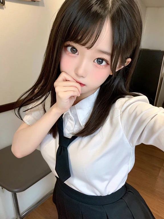 9 , elementardy, best quality, 8K, (Extremely detailed eyes, Extremely detailed face), very cute face, white shirt, black skirt, school uniform, musume san, long hair, bangs, grey eyes, brown hair, 1 girl, big breast, in the room, looking at viewer, low angle, nsfw, Cleavage, black thighhigh, show off nipple, lift skirt, show off panties,