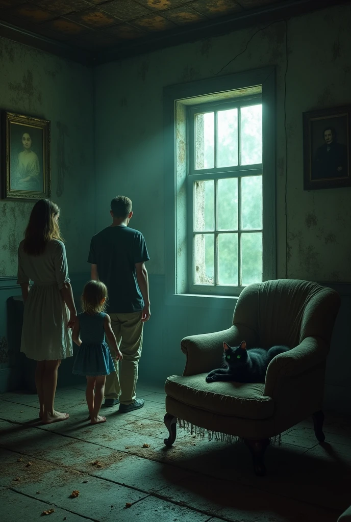 Family entering the scary house with a skinny black cat inside the house