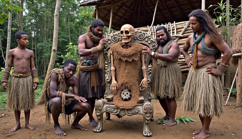 a group of people in a forest, probably from an indigenous tribe, engaged in a ritual or ceremony. In the center, there is a mummified, skeletal figure covered in a brown substance, possibly clay or mud, and dressed in traditional straw clothing. The mummy is tied to a wooden structure, which appears to function as a chair. Around it, four men in tribal costumes made of natural fibers are positioned, adjusting the figure or helping to keep it in place. A younger boy also observes the scene, dressed similarly. The dense vegetation and simple buildings in the background suggest the image was captured in a remote, traditional area, possibly Papua New Guinea.