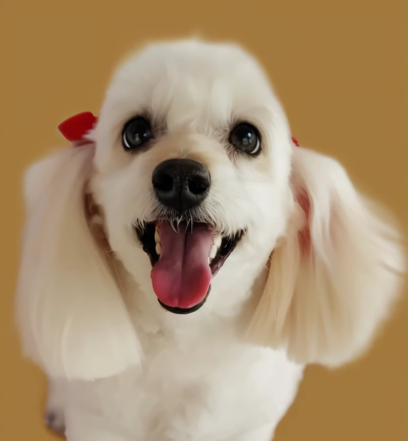 a very cute furry dog, hairs drawn like cartoon, perfectly drawn eyes, eyes like a cartoon drawing, beautiful eyes, perfect eyes, she is very happy, she is smiling, the image is very detailed