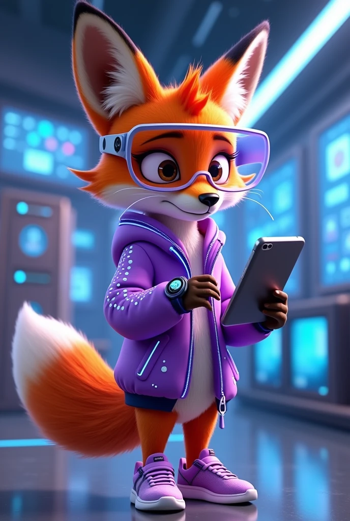 Create a 3D Disney Pixar style young fox named Fluffy, with a look focused on the technology section. She should have vibrant orange fur with white spots on her belly and paws., with big, expressive eyes and cute ears. Cute must be dressed and equipped with modern technological accessories: vestimentas: A futuristic purple jacket with neon accents, perhaps with illuminated panels or digital graphics, for a modern and technological look. Accessories to be included: A pair of augmented reality glasses (midair) with a futuristic design and bright lenses. A high-end smartwatch with a holographic display and a silver metal strap. A stylish wireless headset, featuring a sleek and modern design. A small portable technology device, como um tablet ou um gadget de alto-tech, that she may be holding or using. A pair of sneakers with built-in LED, that light up or flash for a technological effect. Fofinha must have a posture that suggests interaction with technology, como ajustando os óculos midair ou mexendo em um gadget. The background should be a futuristic and technological environment, like a modern office with digital panels or a high-tech control room, capturing the essence of innovation and technology.
Showing the tennis