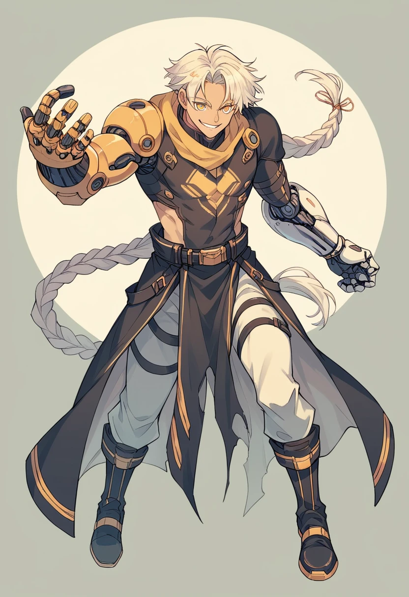 ,human Male , yellow pupils, white long braided hair Style  , Black Torn Clothing , Smile , Full body , Robotic right arm  , Black boots ,solo ,