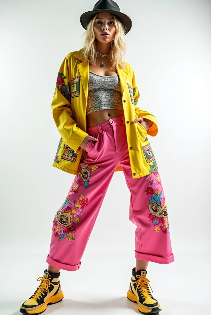 on a white photographic background, a blonde Brazilian model poses for fashion photos, she is dressed in a modern and youthful outfit